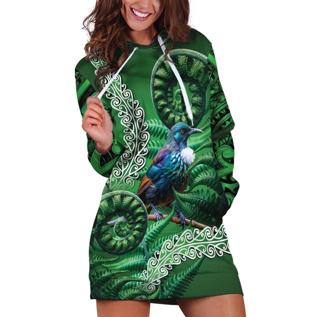 Tui Bird Koru Silver Fern Aotearoa Hoodie Dress LT9 Green - Polynesian Pride