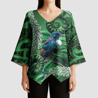 Tui Bird Koru Silver Fern Aotearoa Kimono Sleeve Blouse LT9 - Polynesian Pride