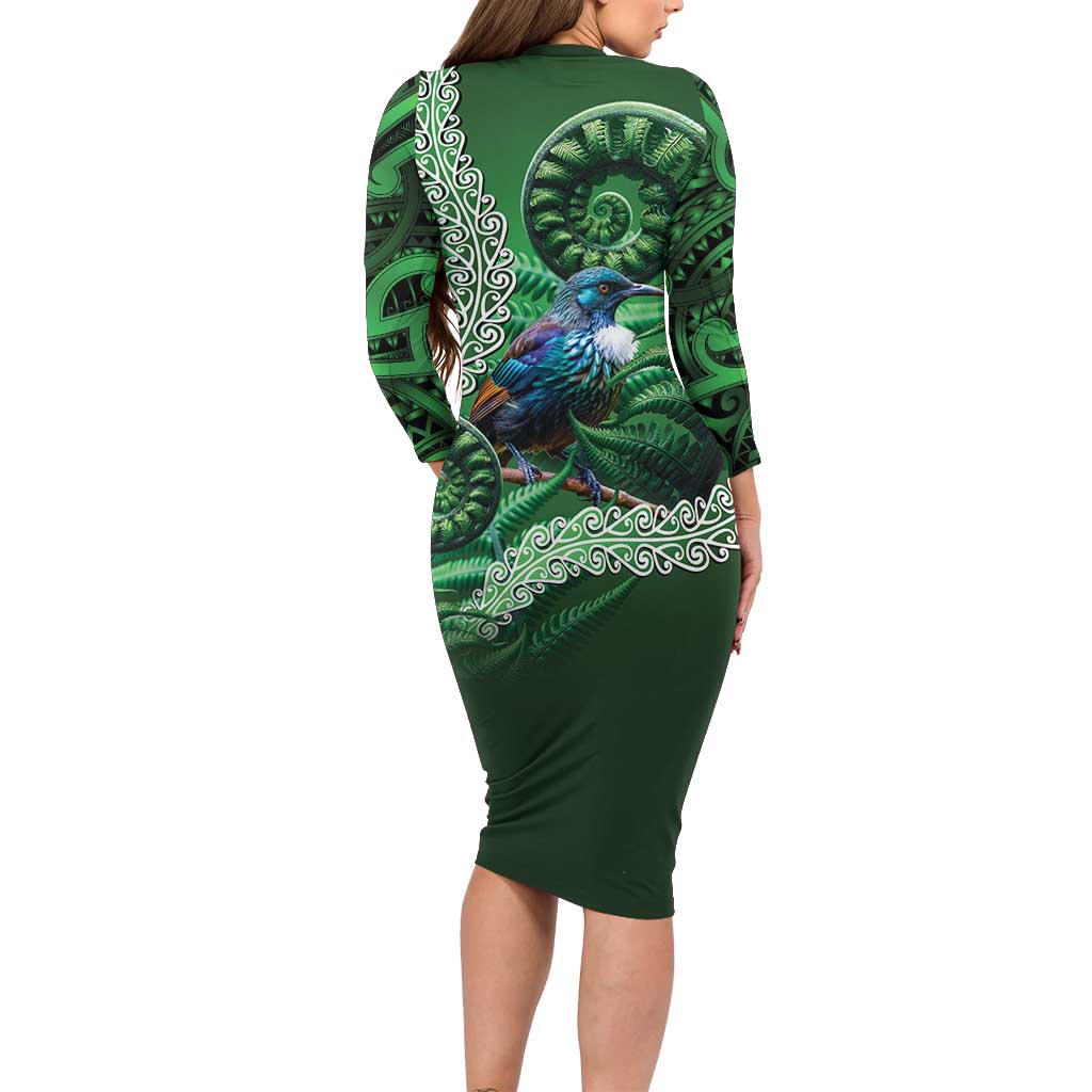 Tui Bird Koru Silver Fern Aotearoa Long Sleeve Bodycon Dress LT9 - Polynesian Pride