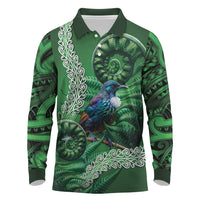 Tui Bird Koru Silver Fern Aotearoa Long Sleeve Polo Shirt LT9 Green - Polynesian Pride