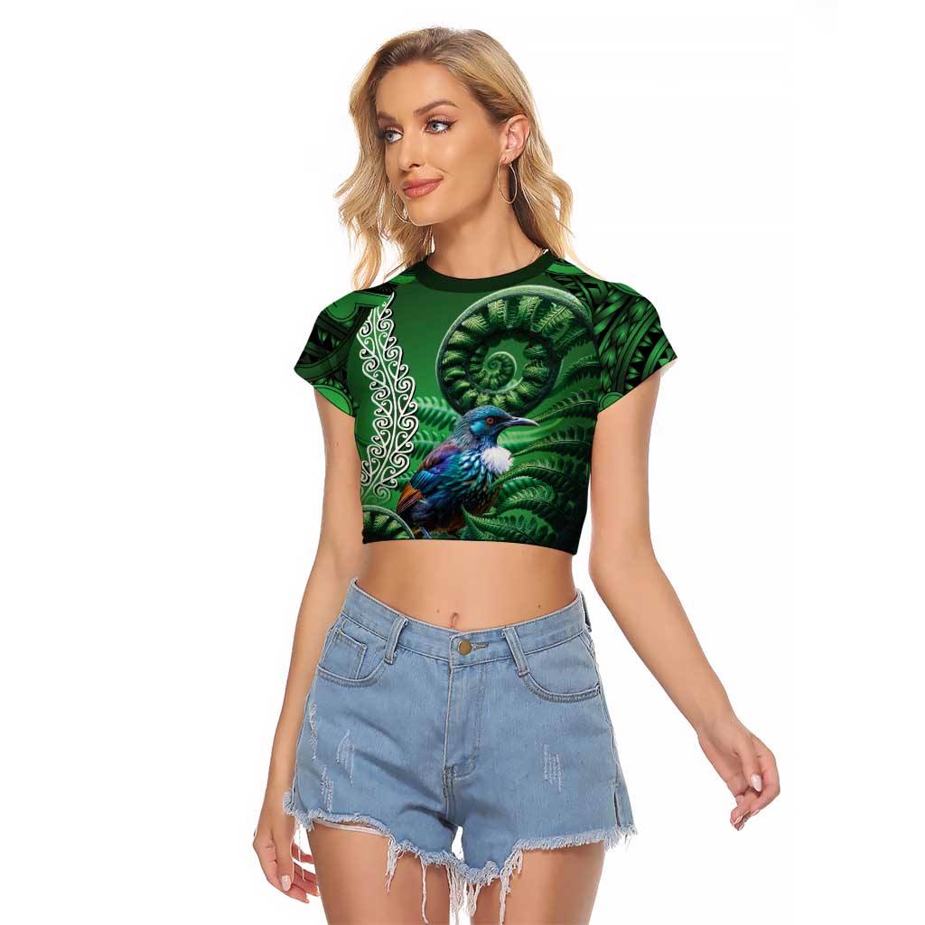 Tui Bird Koru Silver Fern Aotearoa Raglan Cropped T Shirt
