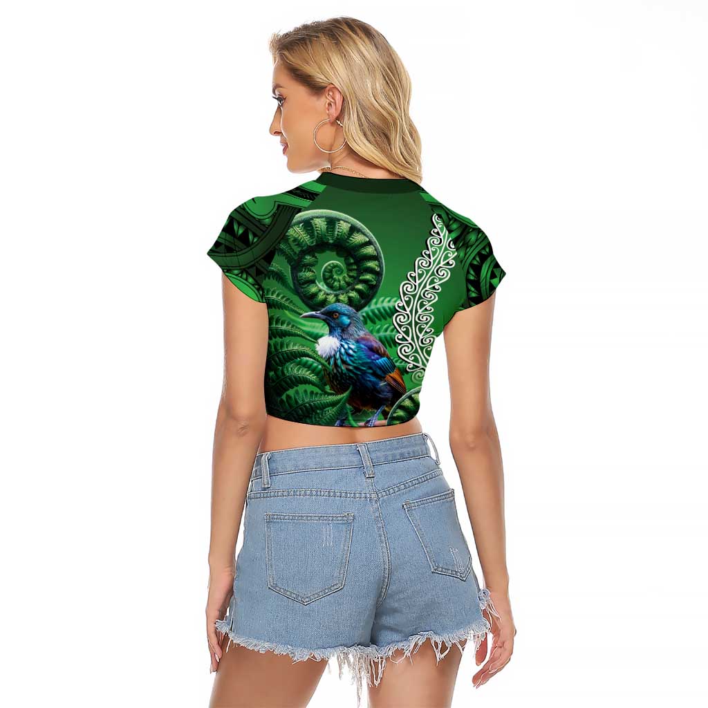 Tui Bird Koru Silver Fern Aotearoa Raglan Cropped T Shirt