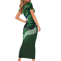Tui Bird Koru Silver Fern Aotearoa Short Sleeve Bodycon Dress LT9 - Polynesian Pride