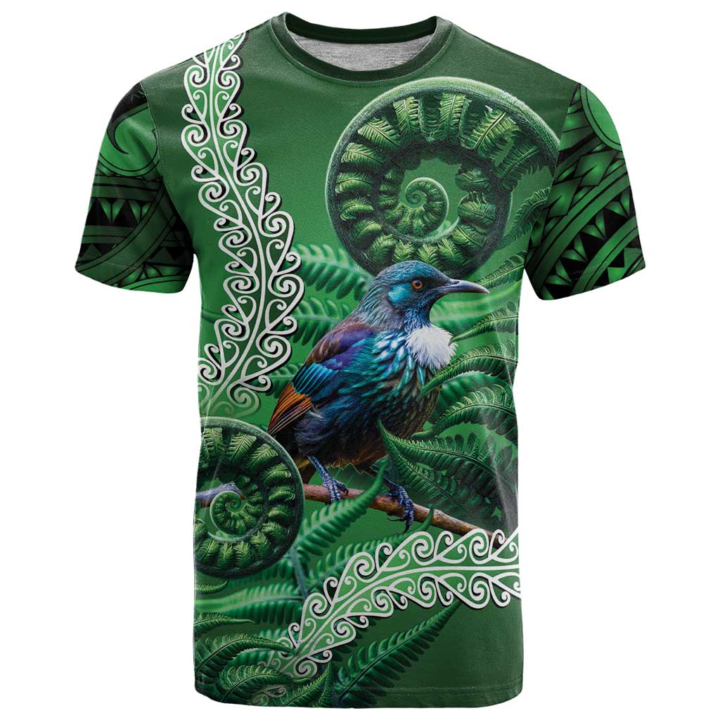 Tui Bird Koru Silver Fern Aotearoa T Shirt LT9 Green - Polynesian Pride