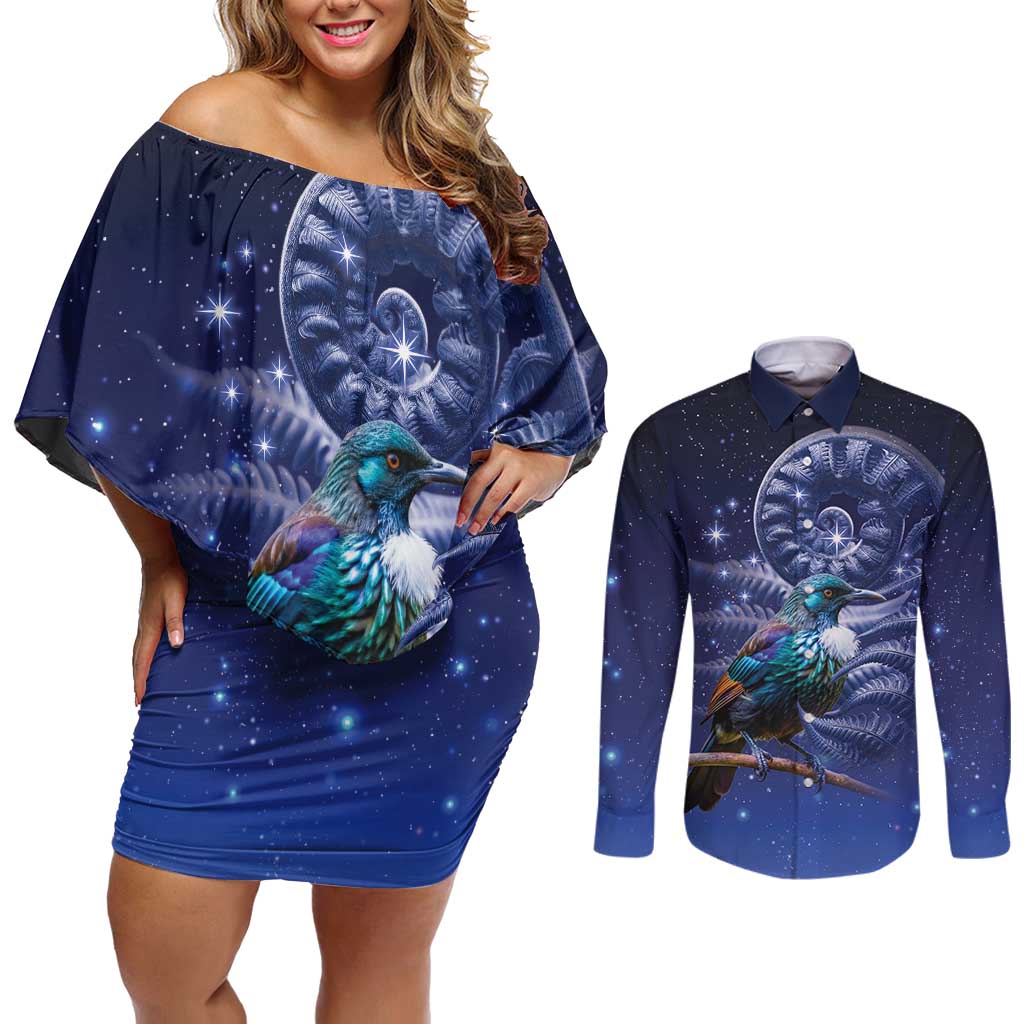 Tui Bird Matariki Galaxy Couples Matching Off Shoulder Short Dress and Long Sleeve Button Shirt Koru Silver Fern Aotearoa LT9 Galaxy - Polynesian Pride