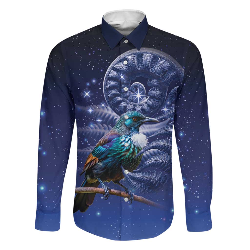 Tui Bird Matariki Galaxy Family Matching Long Sleeve Bodycon Dress and Hawaiian Shirt Koru Silver Fern Aotearoa LT9 Dad's Shirt - Long Sleeve Galaxy - Polynesian Pride