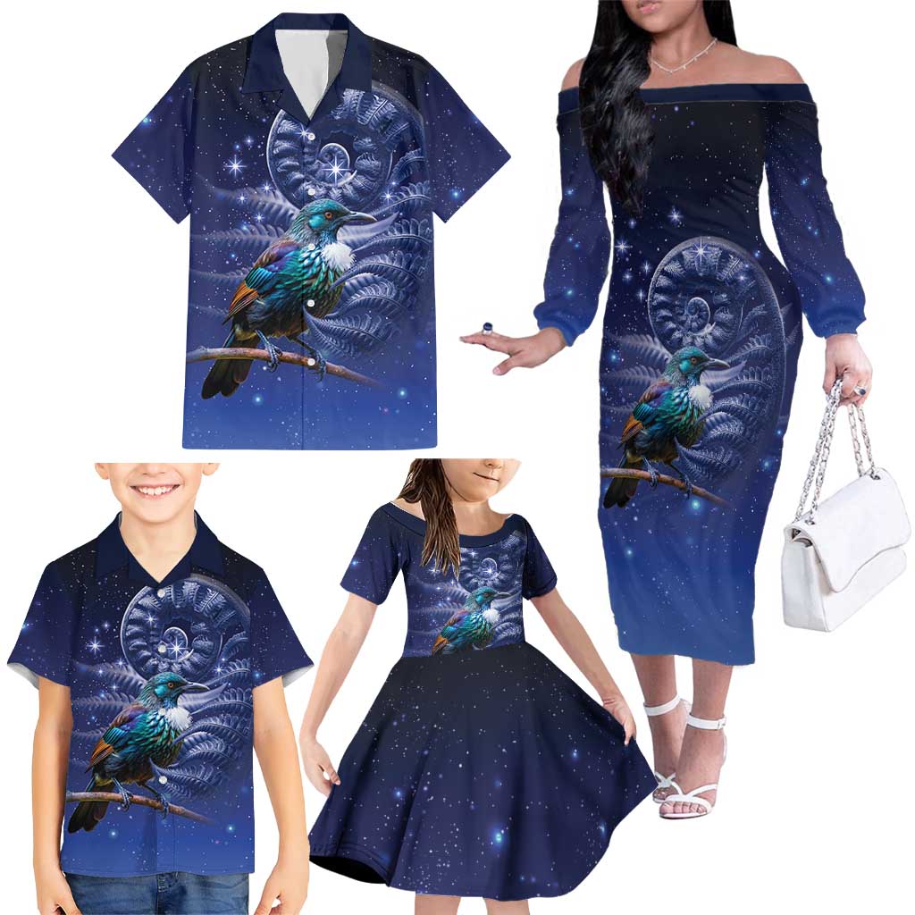 Tui Bird Matariki Galaxy Family Matching Off The Shoulder Long Sleeve Dress and Hawaiian Shirt Koru Silver Fern Aotearoa LT9 - Polynesian Pride