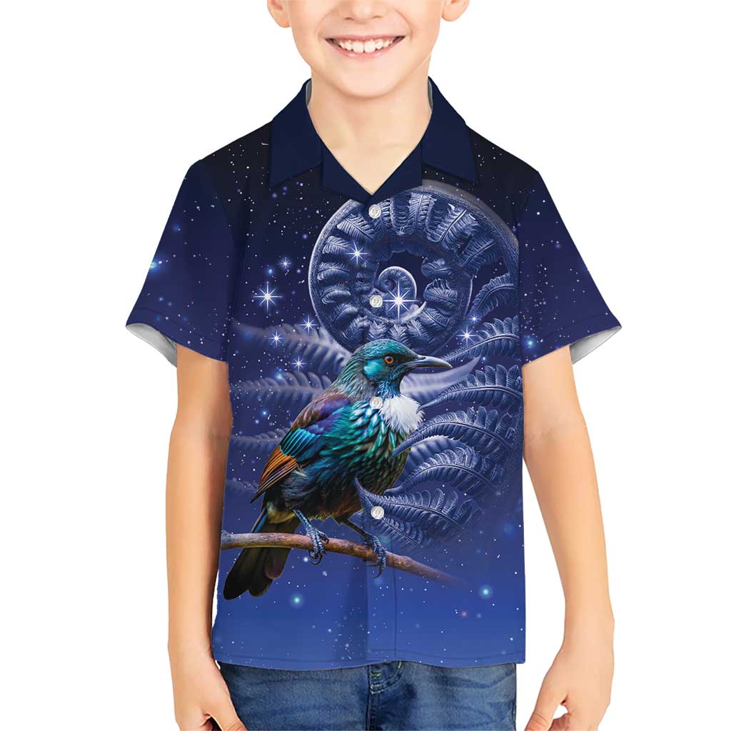 Tui Bird Matariki Galaxy Family Matching Off Shoulder Short Dress and Hawaiian Shirt Koru Silver Fern Aotearoa LT9 Son's Shirt Galaxy - Polynesian Pride