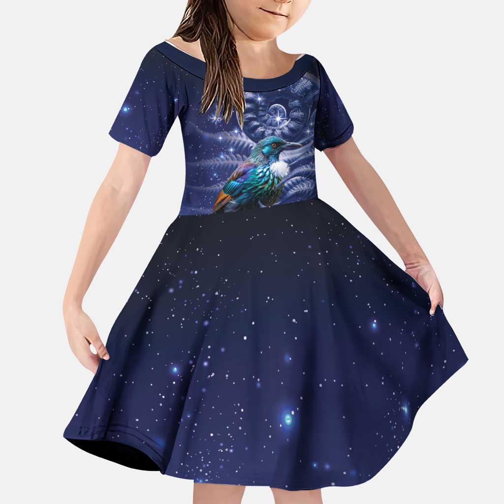Tui Bird Matariki Galaxy Family Matching Tank Maxi Dress and Hawaiian Shirt Koru Silver Fern Aotearoa LT9 Daughter's Dress Galaxy - Polynesian Pride