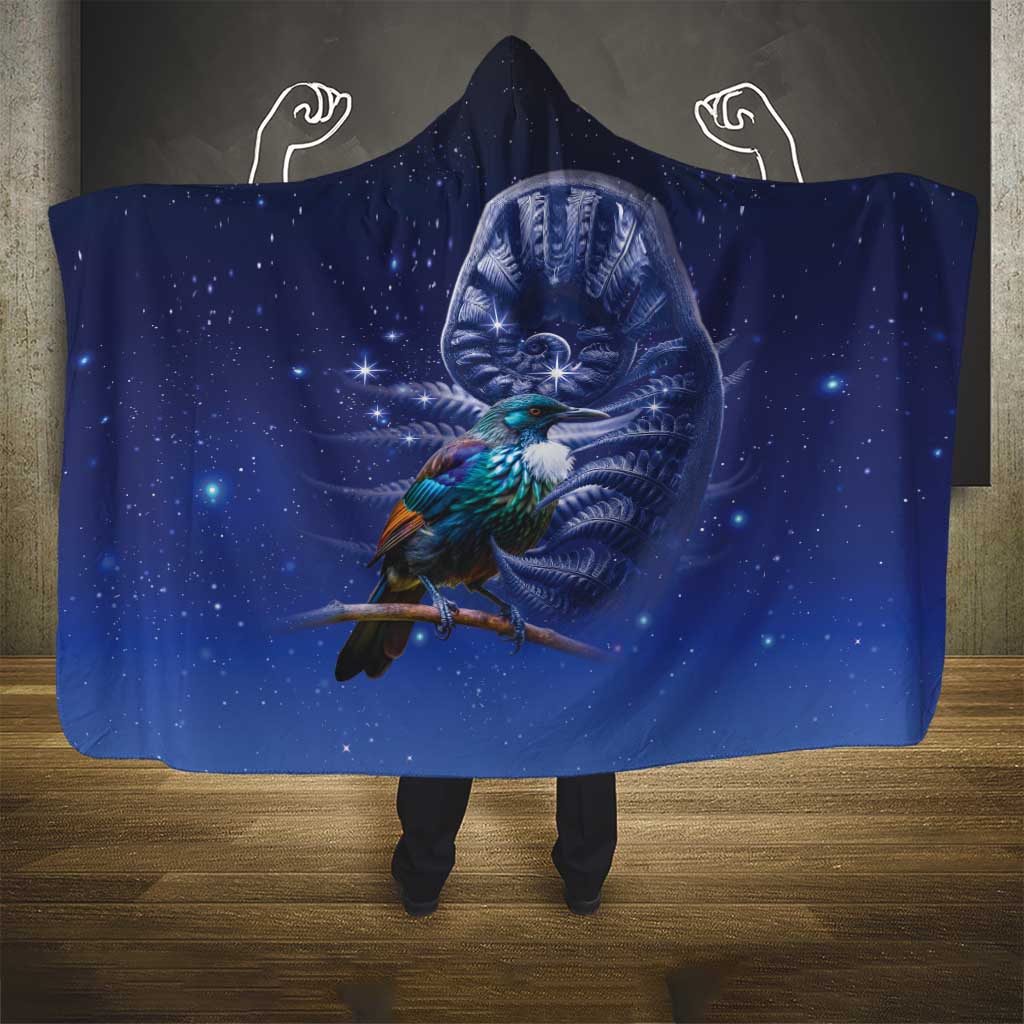 Tui Bird Matariki Galaxy Hooded Blanket Koru Silver Fern Aotearoa
