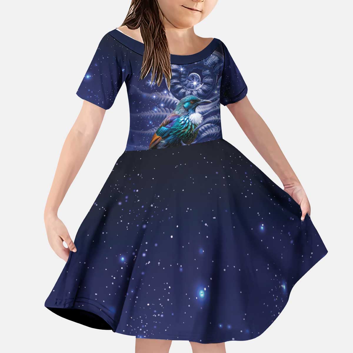 Tui Bird Matariki Galaxy Kid Short Sleeve Dress Koru Silver Fern Aotearoa