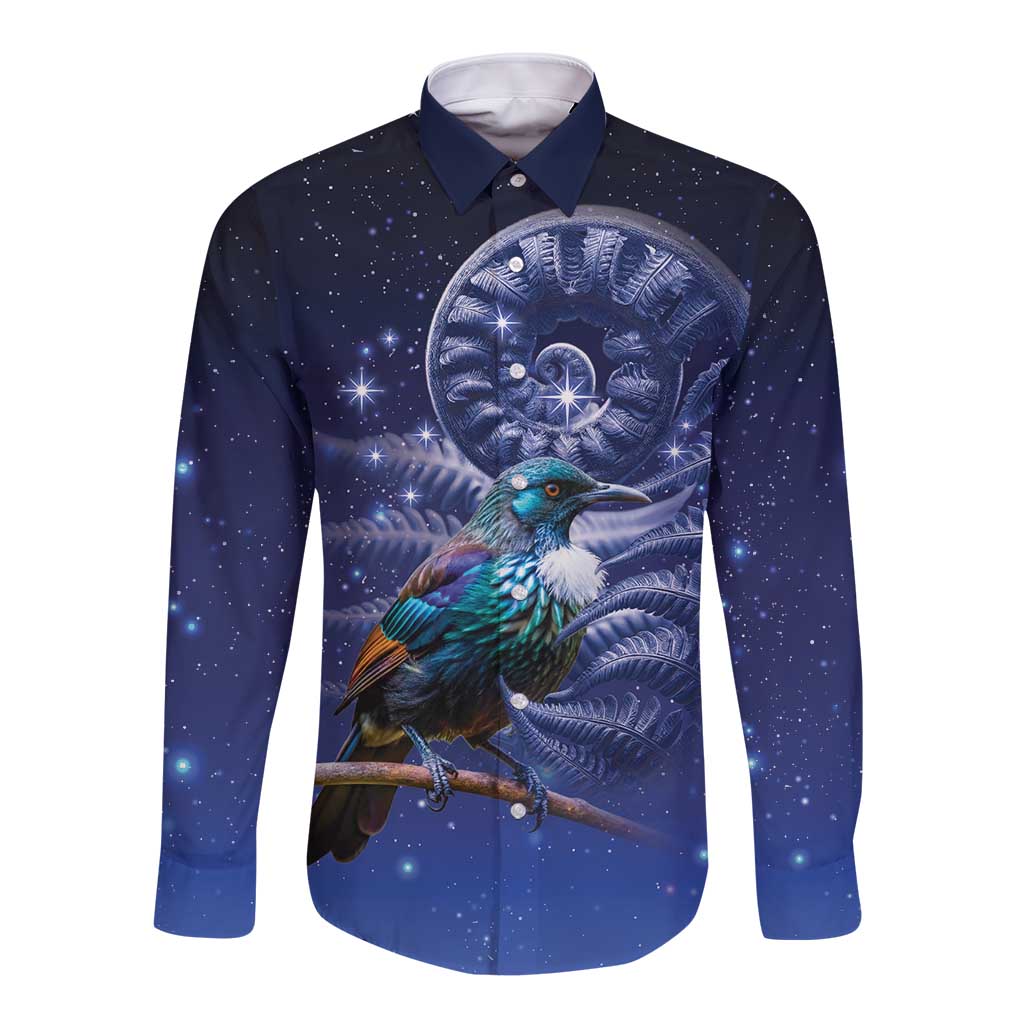 Tui Bird Matariki Galaxy Long Sleeve Button Shirt Koru Silver Fern Aotearoa LT9 Unisex Galaxy - Polynesian Pride