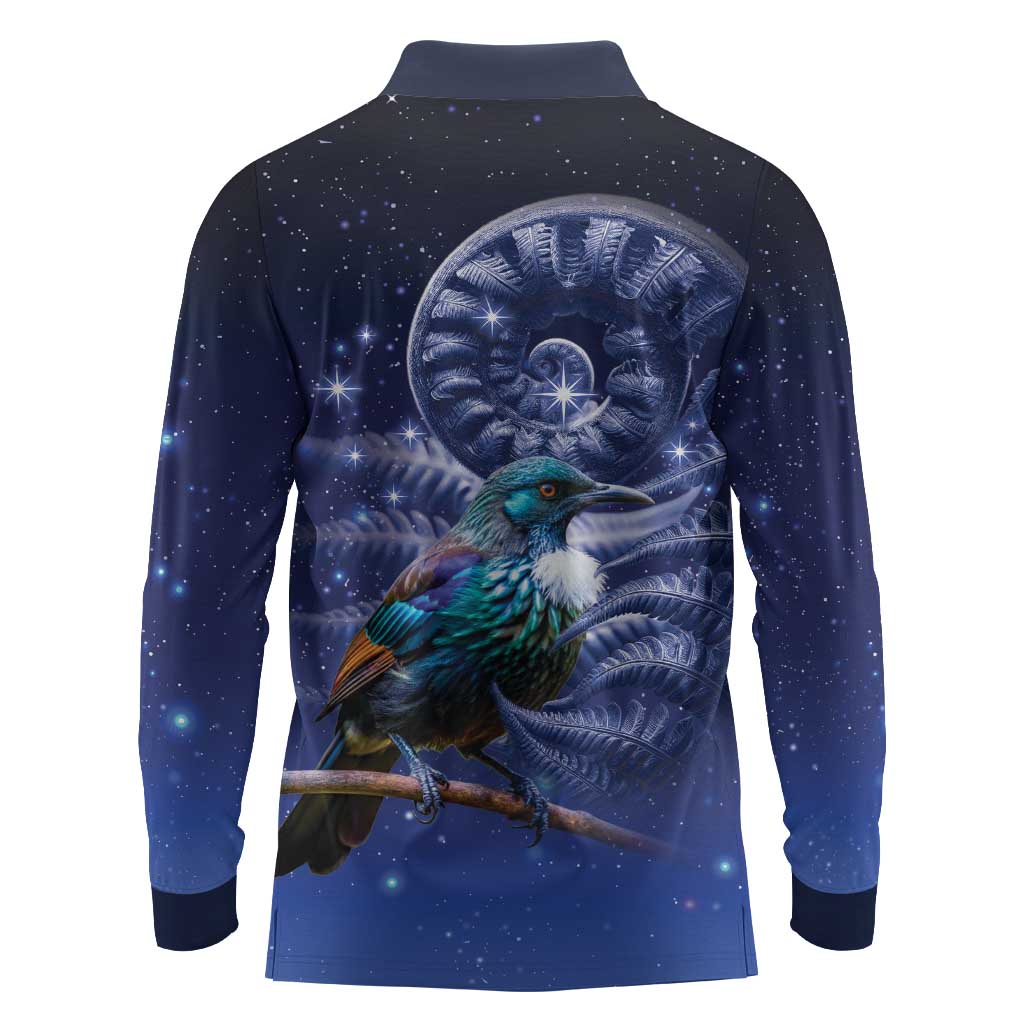 Tui Bird Matariki Galaxy Long Sleeve Polo Shirt Koru Silver Fern Aotearoa LT9 - Polynesian Pride