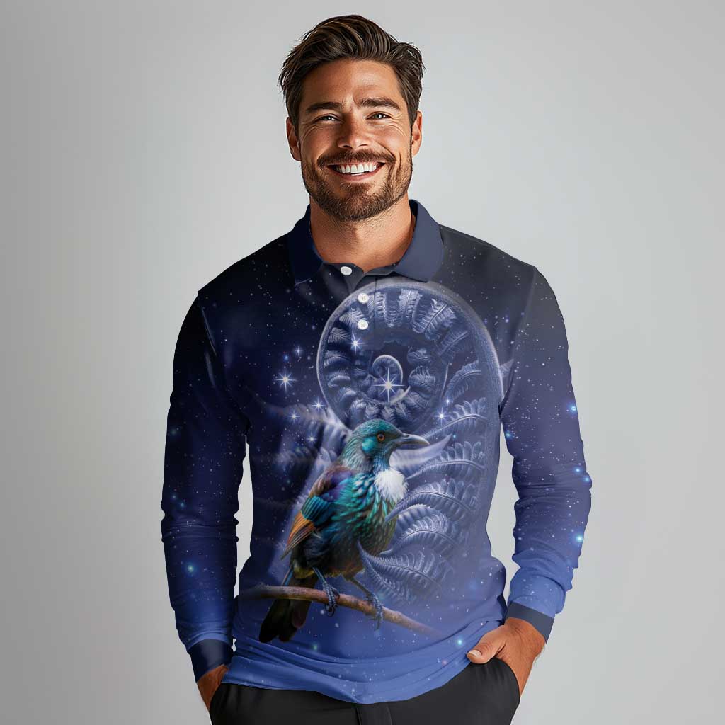 Tui Bird Matariki Galaxy Long Sleeve Polo Shirt Koru Silver Fern Aotearoa LT9 - Polynesian Pride
