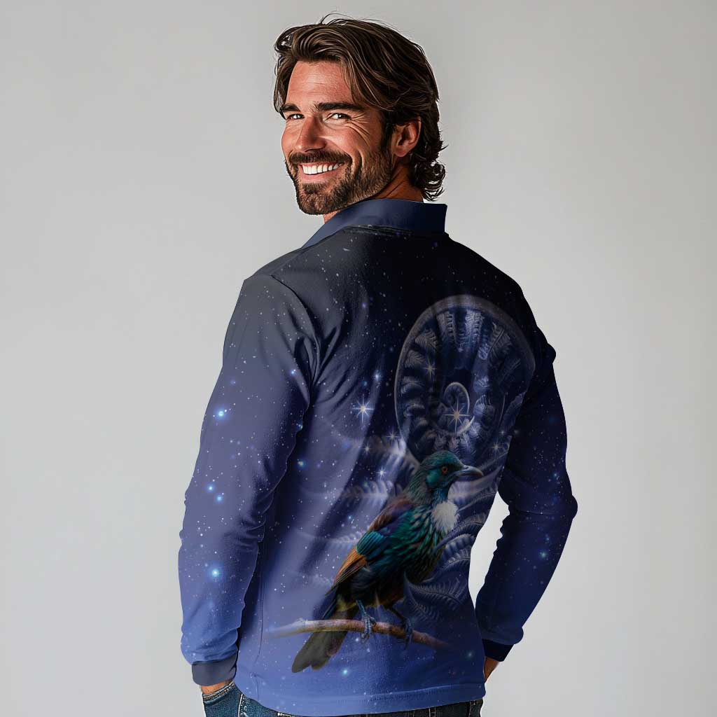 Tui Bird Matariki Galaxy Long Sleeve Polo Shirt Koru Silver Fern Aotearoa LT9 - Polynesian Pride