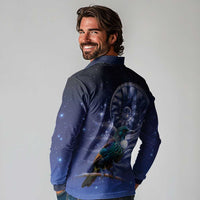 Tui Bird Matariki Galaxy Long Sleeve Polo Shirt Koru Silver Fern Aotearoa LT9 - Polynesian Pride