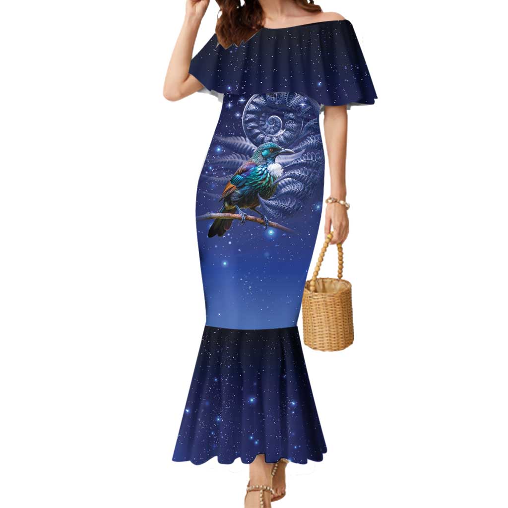 Tui Bird Matariki Galaxy Mermaid Dress Koru Silver Fern Aotearoa LT9 Women Galaxy - Polynesian Pride