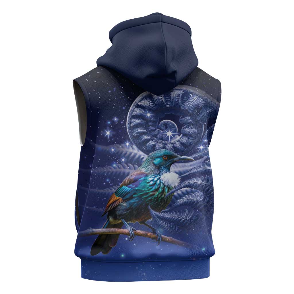 Tui Bird Matariki Galaxy Sleeveless Hoodie Koru Silver Fern Aotearoa