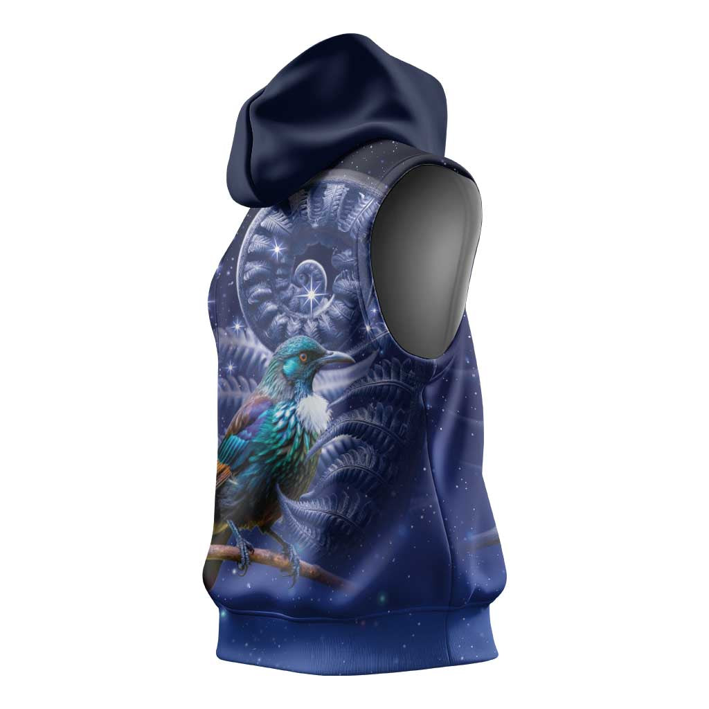 Tui Bird Matariki Galaxy Sleeveless Hoodie Koru Silver Fern Aotearoa