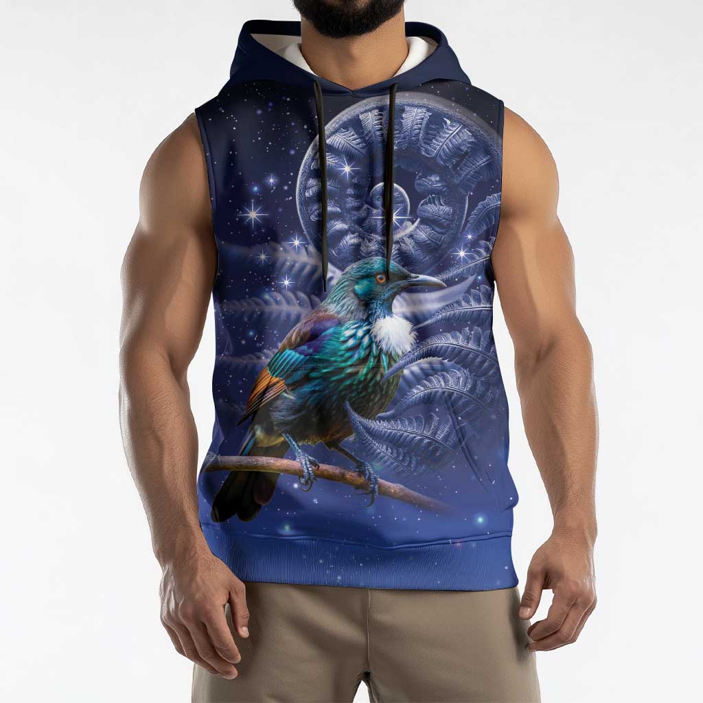 Tui Bird Matariki Galaxy Sleeveless Hoodie Koru Silver Fern Aotearoa