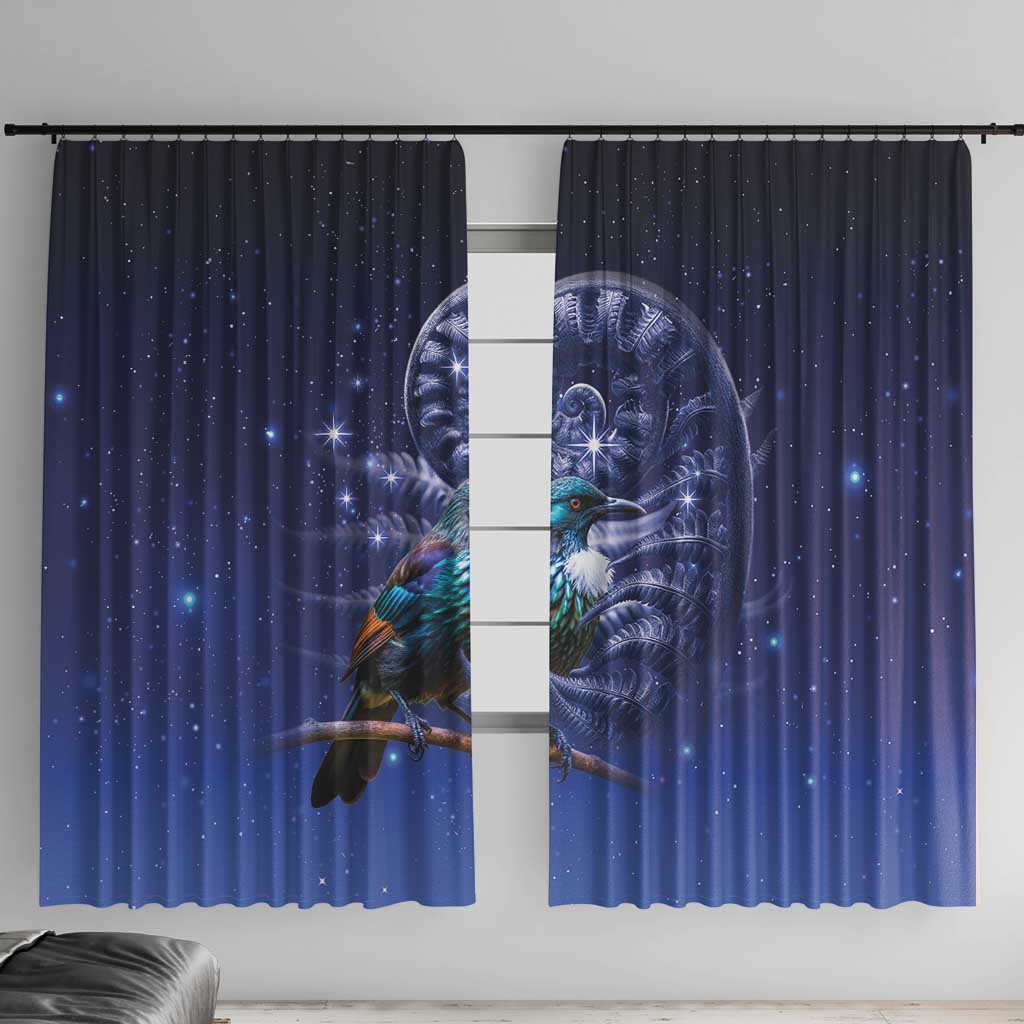 Tui Bird Matariki Galaxy Window Curtain Koru Silver Fern Aotearoa LT9 With Hooks Galaxy - Polynesian Pride