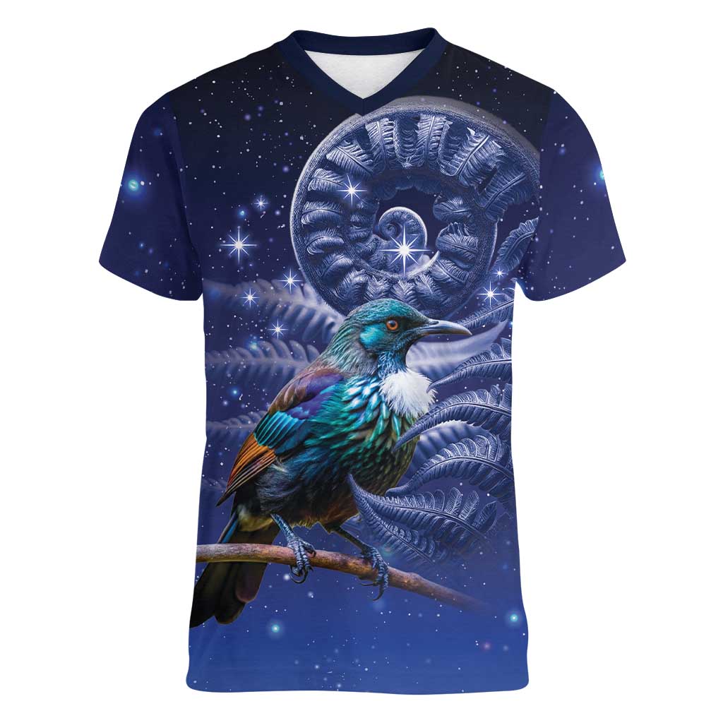 Tui Bird Matariki Galaxy Women V-Neck T-Shirt Koru Silver Fern Aotearoa