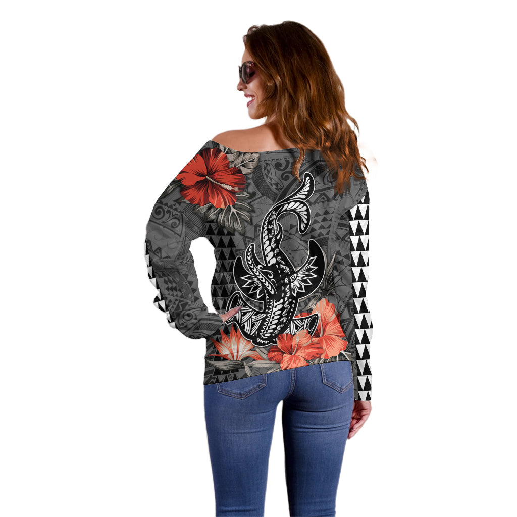 Personalised Hawaii Hammerhead Shark Off Shoulder Sweater Polynesian Vintage Vibes LT9 - Polynesian Pride