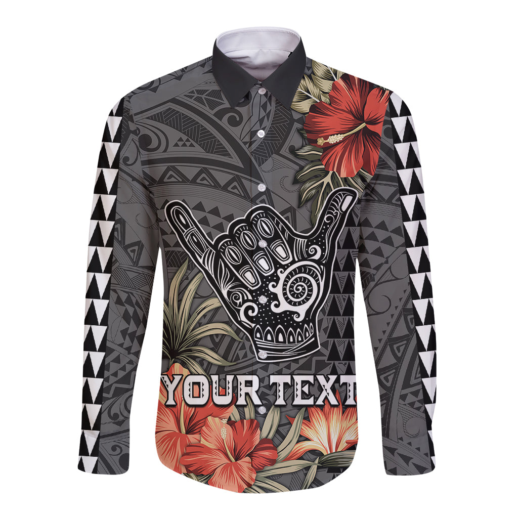 Personalised Hawaii Shaka Surf Hand Sign Long Sleeve Button Shirt Polynesian Vintage Vibes LT9 Unisex Black - Polynesian Pride