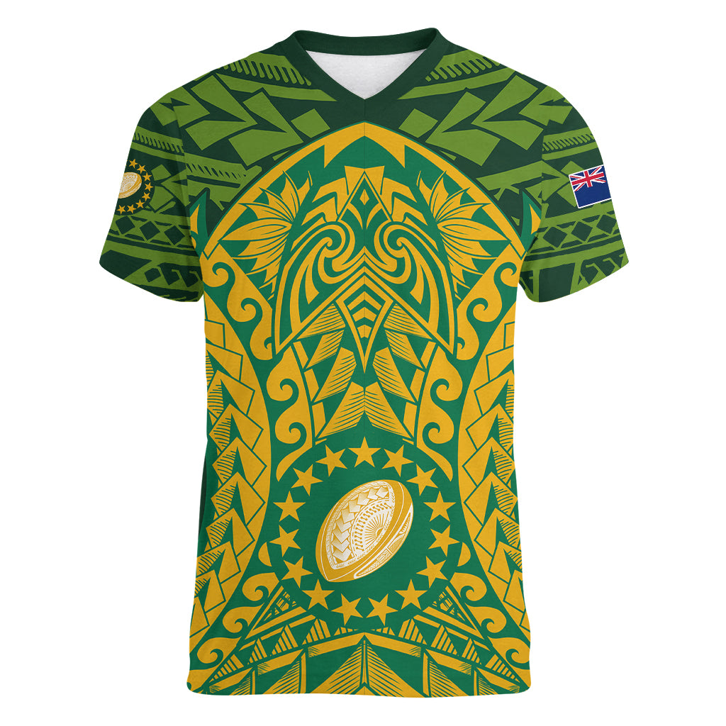 Cook Islands Rugby Women V Neck T Shirt Kukis Athletic Style LT9 Female Green - Polynesian Pride
