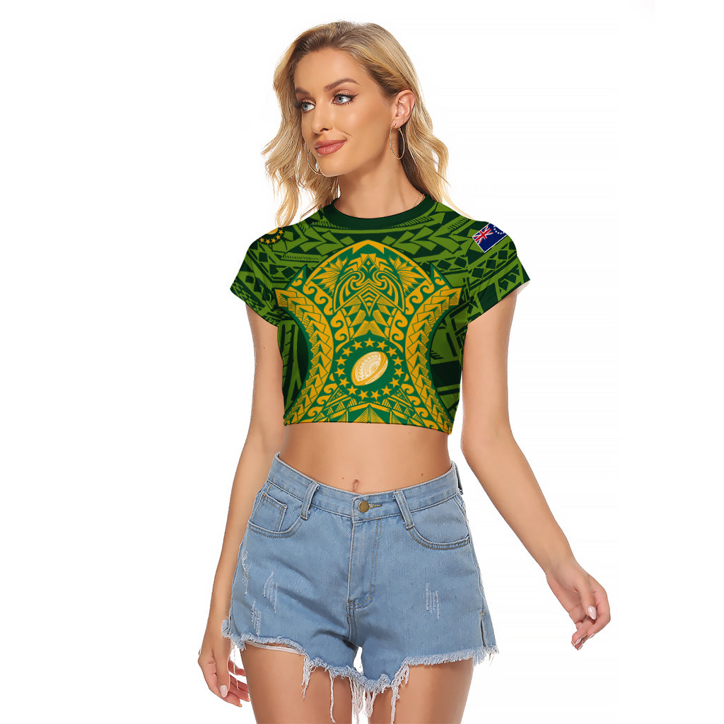 Personalised Cook Islands Rugby Raglan Cropped T Shirt Kukis Athletic Style LT9 Female Green - Polynesian Pride