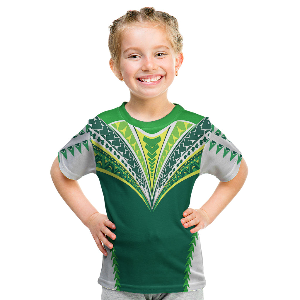Personalised Polynesian Pride Cook Islands Rugby Kid T Shirt No1 LT9 Green - Polynesian Pride
