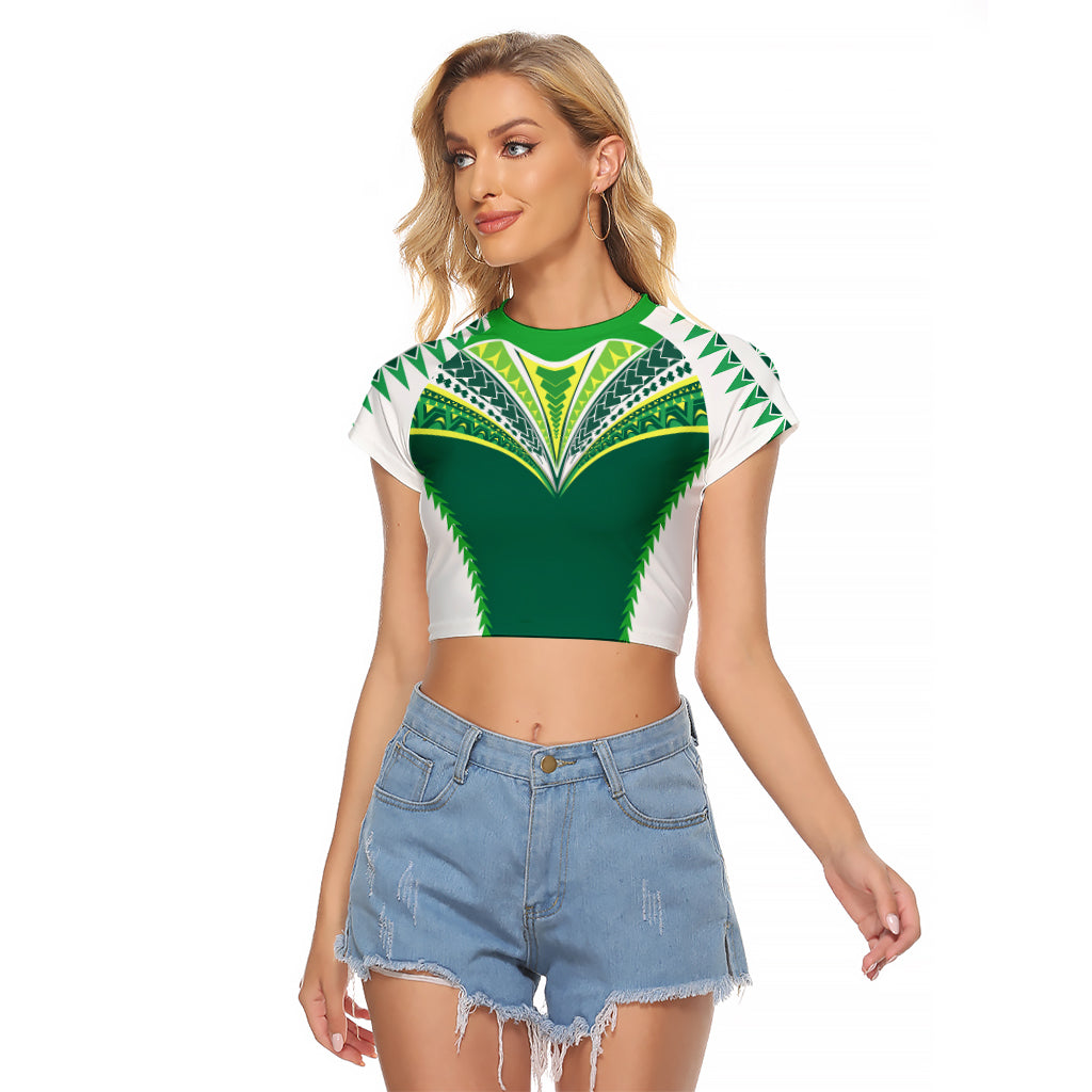 Personalised Polynesian Pride Cook Islands Rugby Raglan Cropped T Shirt No1 LT9 Female Green - Polynesian Pride