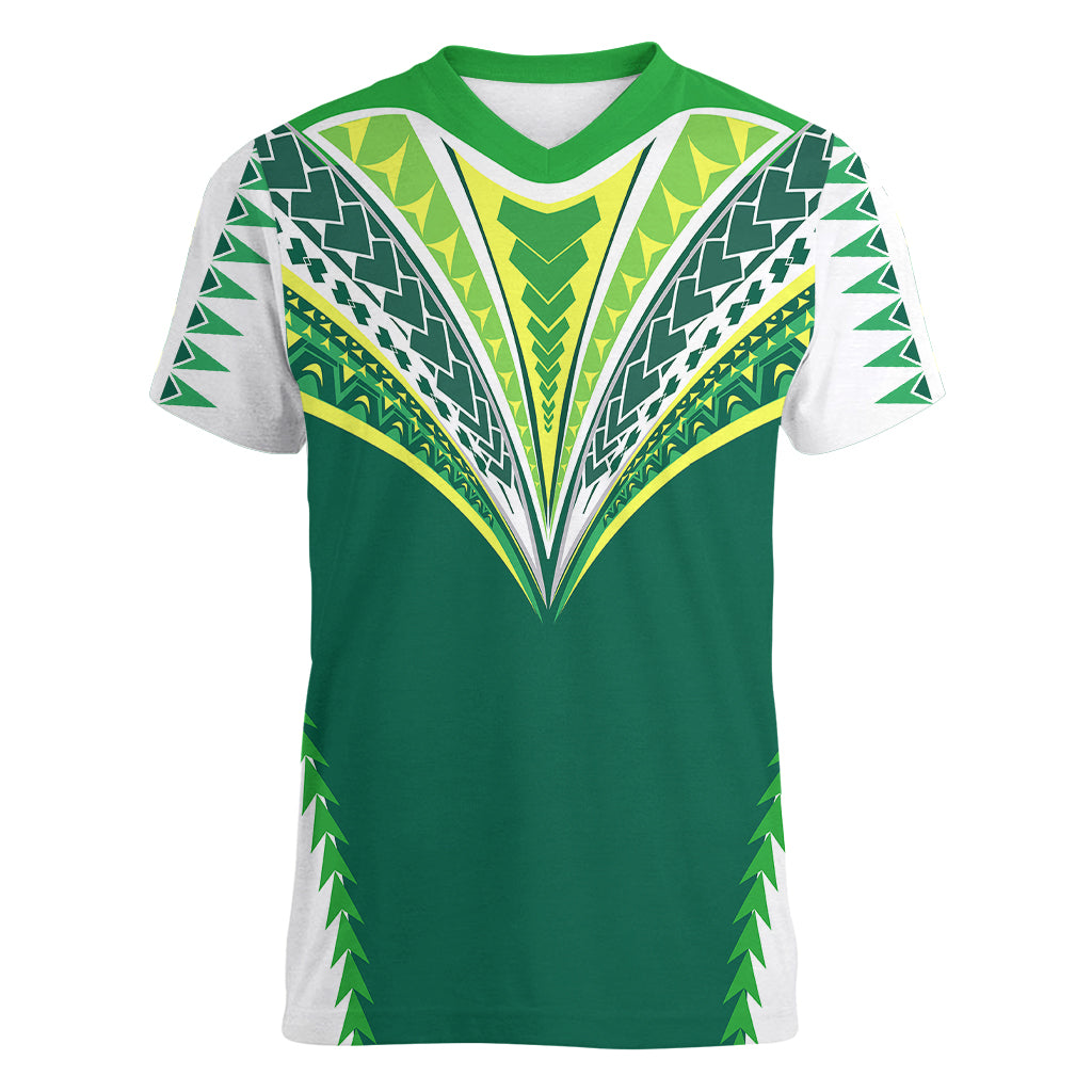 Personalised Polynesian Pride Cook Islands Rugby Women V Neck T Shirt No1 LT9 Female Green - Polynesian Pride