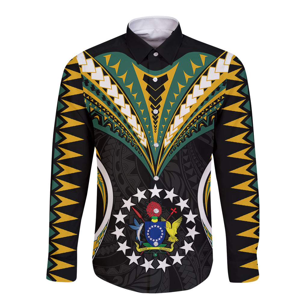 Personalised Polynesian Pride Cook Islands Long Sleeve Button Shirt Tribal Wave Style LT9 Unisex Black - Polynesian Pride