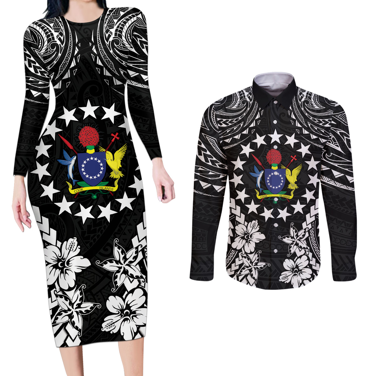 Cook Islands Ra o te Ui Ariki Est 1967 Couples Matching Long Sleeve Bodycon Dress and Long Sleeve Button Shirt