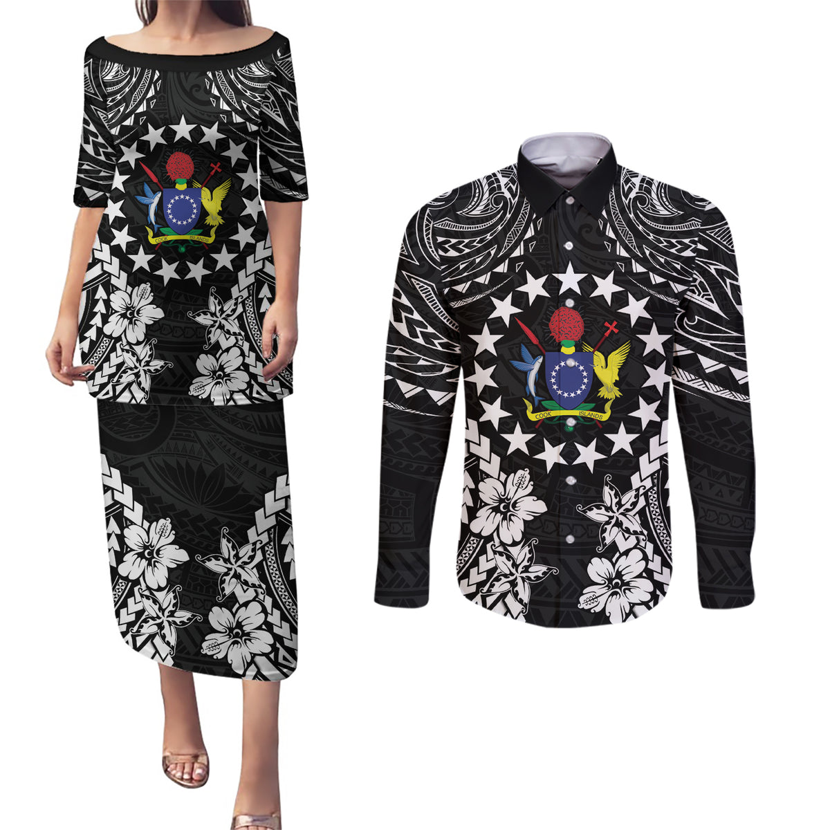 Cook Islands Ra o te Ui Ariki Est 1967 Couples Matching Puletasi and Long Sleeve Button Shirt