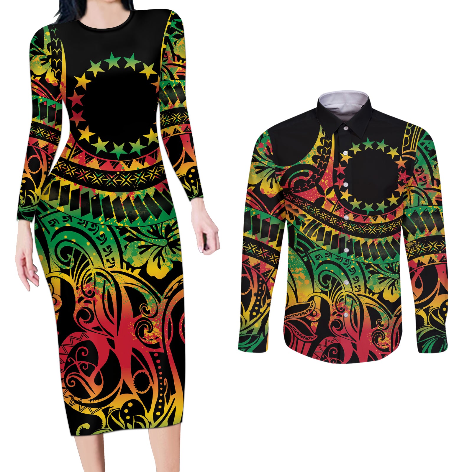 Cook Islands 15 Stars Couples Matching Long Sleeve Bodycon Dress and Long Sleeve Button Shirt Kuki Airani Polynesian Tribal Wave Tattoo