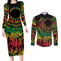 Cook Islands 15 Stars Couples Matching Long Sleeve Bodycon Dress and Long Sleeve Button Shirt Kuki Airani Polynesian Tribal Wave Tattoo