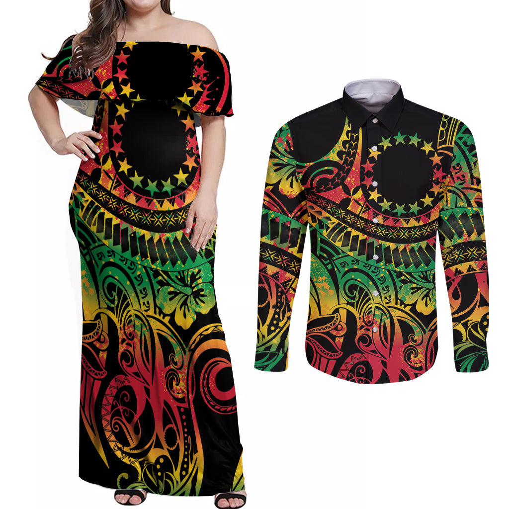 Cook Islands 15 Stars Couples Matching Off Shoulder Maxi Dress and Long Sleeve Button Shirt Kuki Airani Polynesian Tribal Wave Tattoo