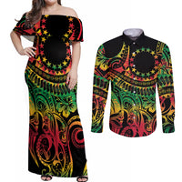 Cook Islands 15 Stars Couples Matching Off Shoulder Maxi Dress and Long Sleeve Button Shirt Kuki Airani Polynesian Tribal Wave Tattoo