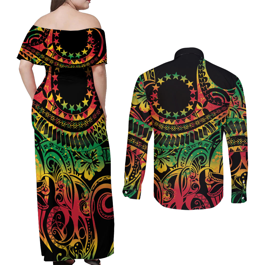 Cook Islands 15 Stars Couples Matching Off Shoulder Maxi Dress and Long Sleeve Button Shirt Kuki Airani Polynesian Tribal Wave Tattoo