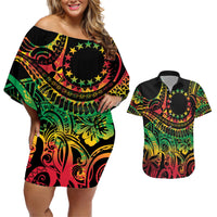 Cook Islands 15 Stars Couples Matching Off Shoulder Short Dress and Hawaiian Shirt Kuki Airani Polynesian Tribal Wave Tattoo