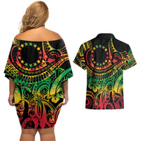Cook Islands 15 Stars Couples Matching Off Shoulder Short Dress and Hawaiian Shirt Kuki Airani Polynesian Tribal Wave Tattoo