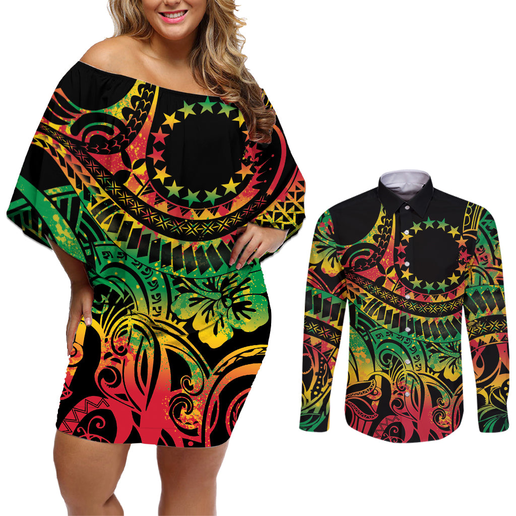 Cook Islands 15 Stars Couples Matching Off Shoulder Short Dress and Long Sleeve Button Shirt Kuki Airani Polynesian Tribal Wave Tattoo