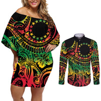 Cook Islands 15 Stars Couples Matching Off Shoulder Short Dress and Long Sleeve Button Shirt Kuki Airani Polynesian Tribal Wave Tattoo