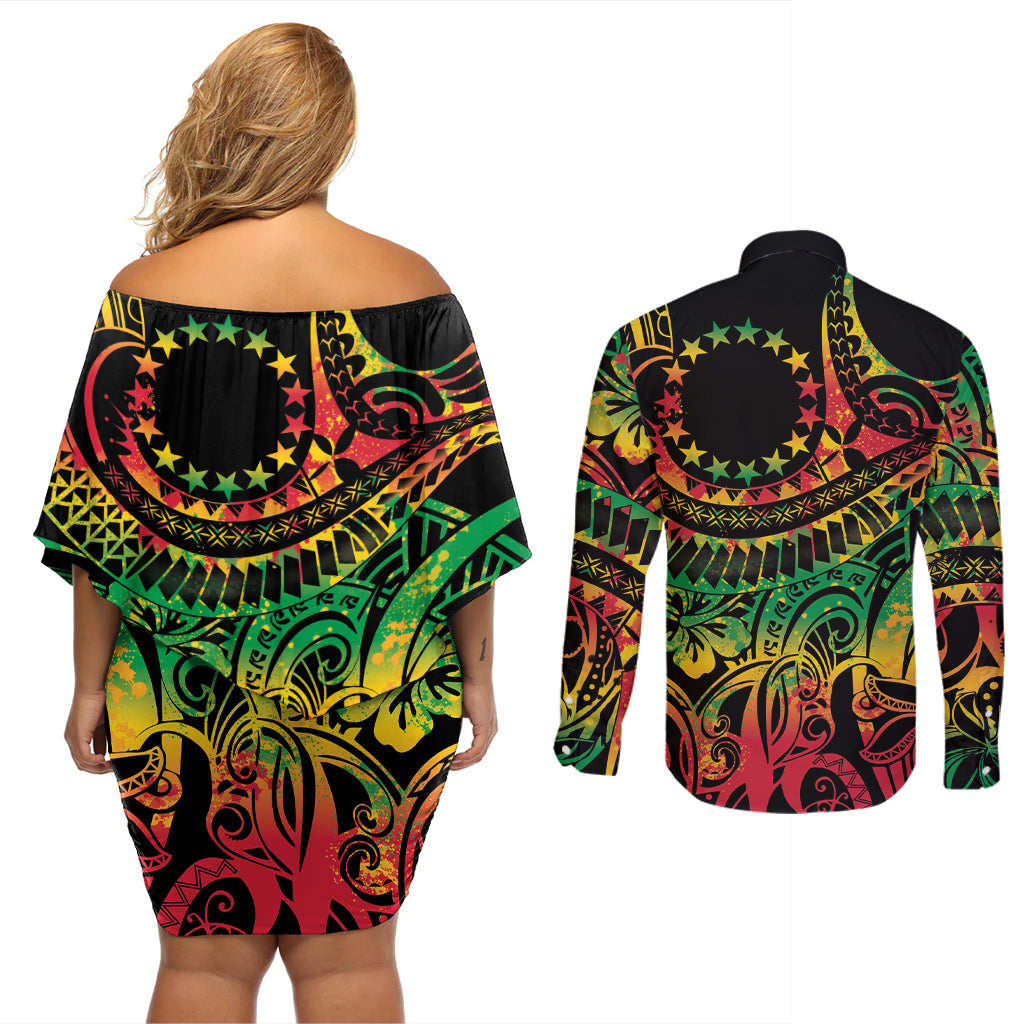 Cook Islands 15 Stars Couples Matching Off Shoulder Short Dress and Long Sleeve Button Shirt Kuki Airani Polynesian Tribal Wave Tattoo