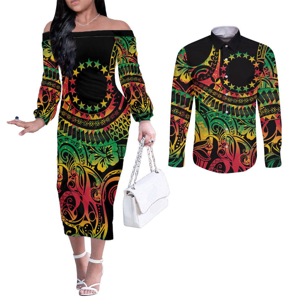 Cook Islands 15 Stars Couples Matching Off The Shoulder Long Sleeve Dress and Long Sleeve Button Shirt Kuki Airani Polynesian Tribal Wave Tattoo
