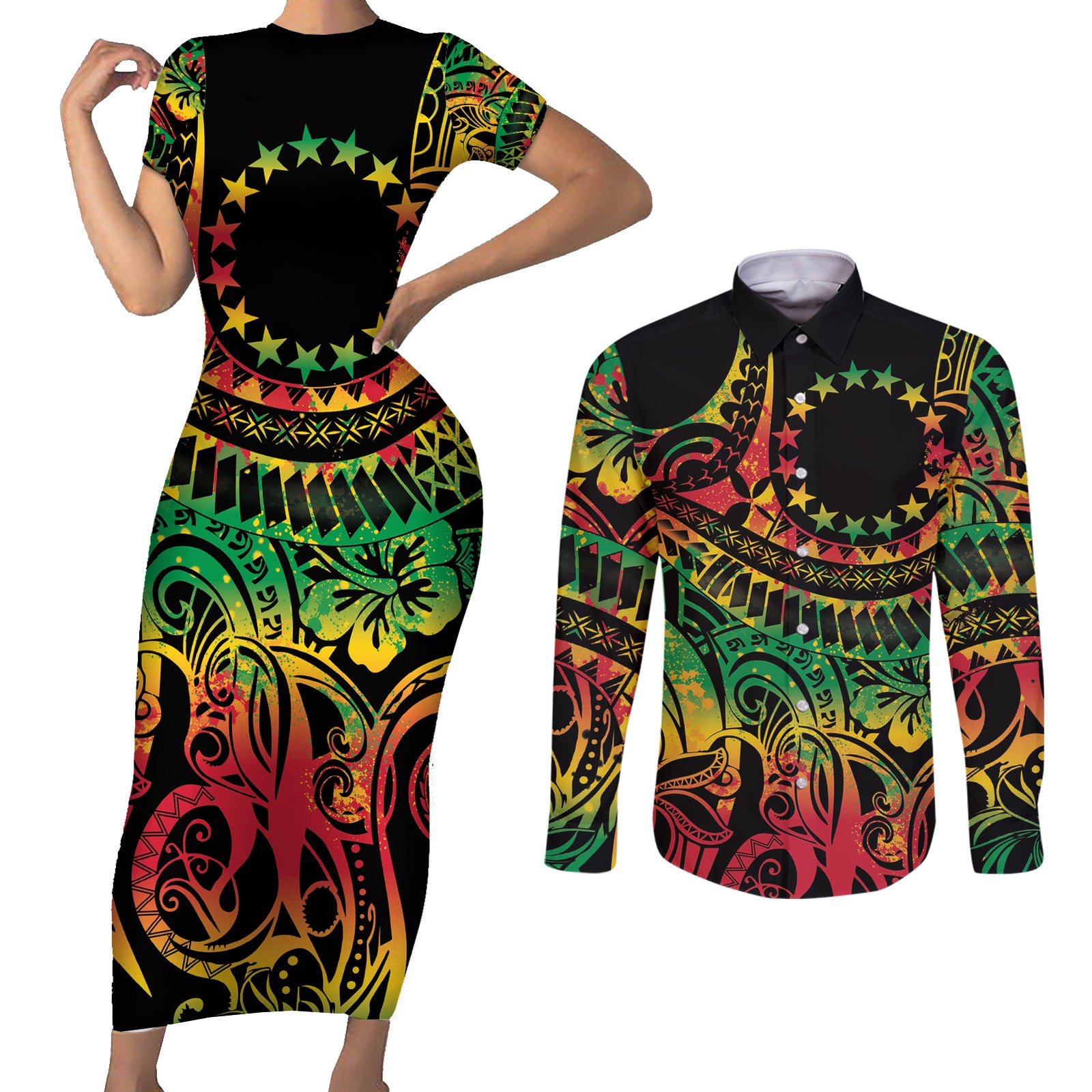 Cook Islands 15 Stars Couples Matching Short Sleeve Bodycon Dress and Long Sleeve Button Shirt Kuki Airani Polynesian Tribal Wave Tattoo