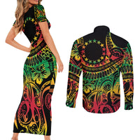 Cook Islands 15 Stars Couples Matching Short Sleeve Bodycon Dress and Long Sleeve Button Shirt Kuki Airani Polynesian Tribal Wave Tattoo