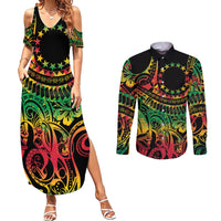 Cook Islands 15 Stars Couples Matching Summer Maxi Dress and Long Sleeve Button Shirt Kuki Airani Polynesian Tribal Wave Tattoo